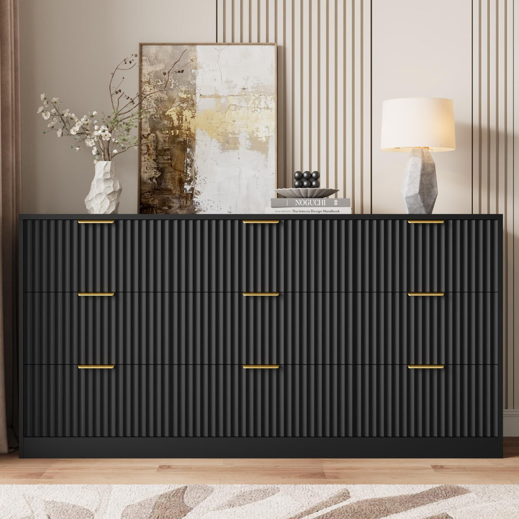 9 Drawer Dresser, 63" Wide Fluted Wood Dresser, Black