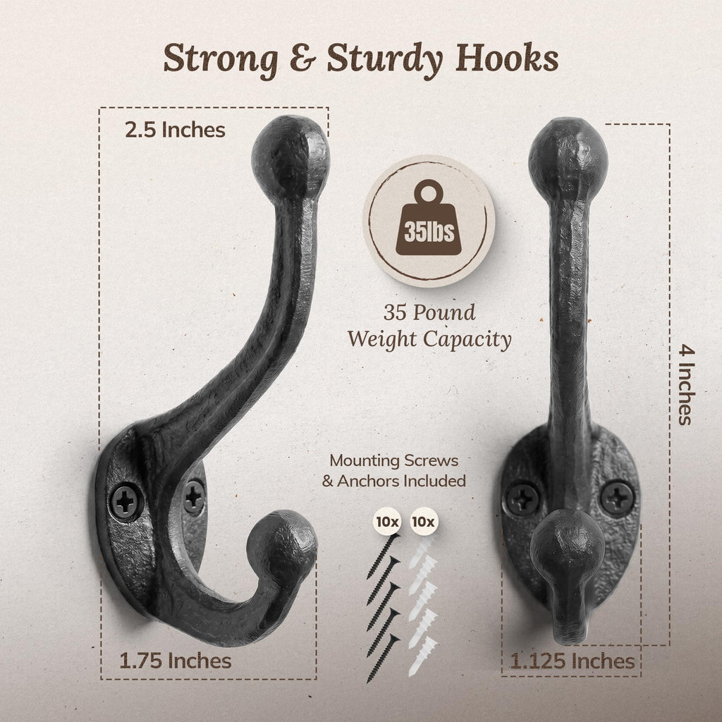 Rustic Cast Iron Coat Hooks (5 Pack) Wall Mounted Farmhouse Decorative Wall Hooks, Vintage Hooks for Hanging Coats