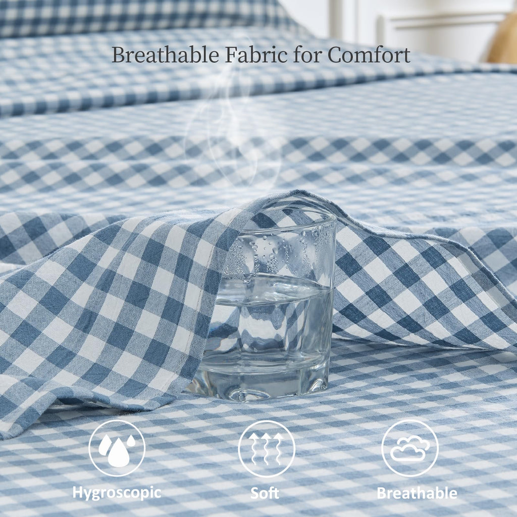Blue Gingham Sheets Set 100% Washed Cotton Linen Like