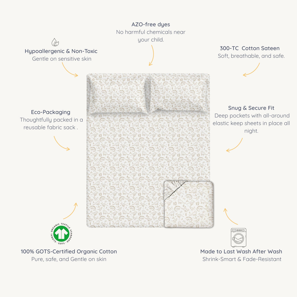 Queen Fitted Sheet Set GOTS Certified Organic Cotton Fitted Sheet with 2 Pillowcase Ultra Soft Non Toxic Breathable