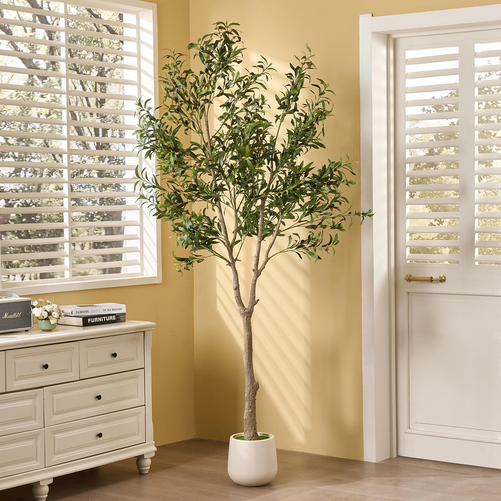 7ft Artificial Olive Tree Indoor with Tall White Planter, Realistic Faux Olive Tree with Natural Wood Trunks