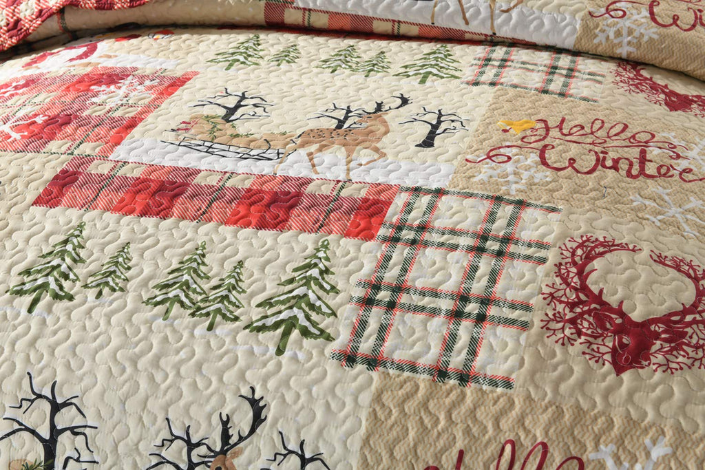 Christmas Reindeer Plaid Quilt Set Red Patchwork Bedding Bedspread
