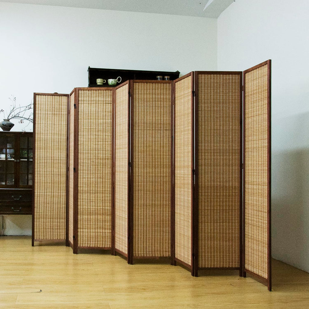 8 Panel Bamboo Room Divider - 5.6 ft Tall Brown Folding Privacy Screen, Double-Sided Freestanding Partition Wall with