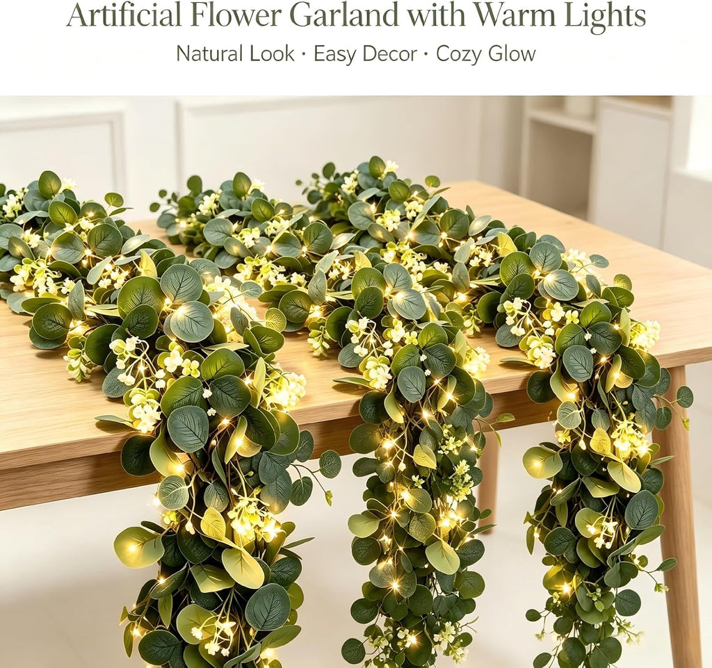 Eucalyptus Garland with Lights, 4 Packs 6FT Artificial Lighted Garland, Spring Summer Green Faux Garlands Outdoor