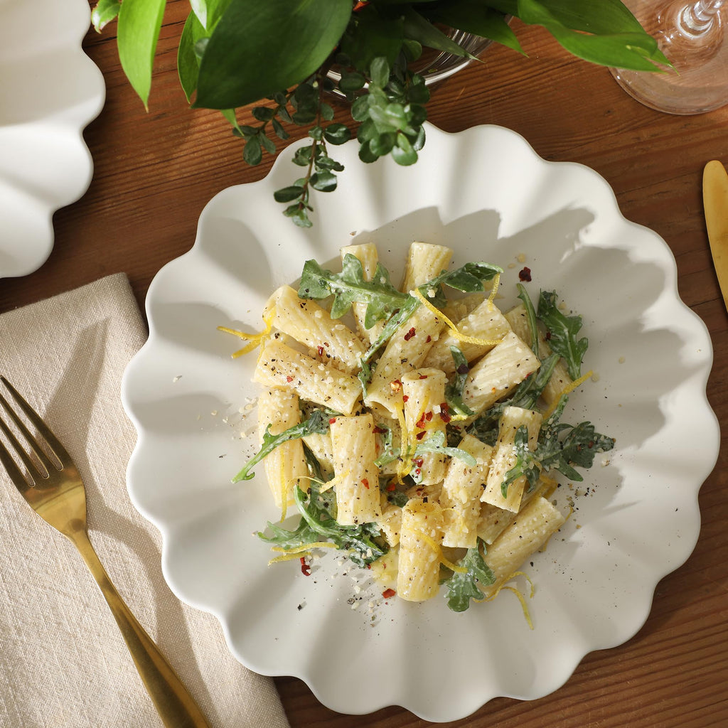 Bistro Fleur Plates and Bowls Sets, 12-Piece Stoneware Dinnerware Set for 4, Ivory White Scalloped Dish Set