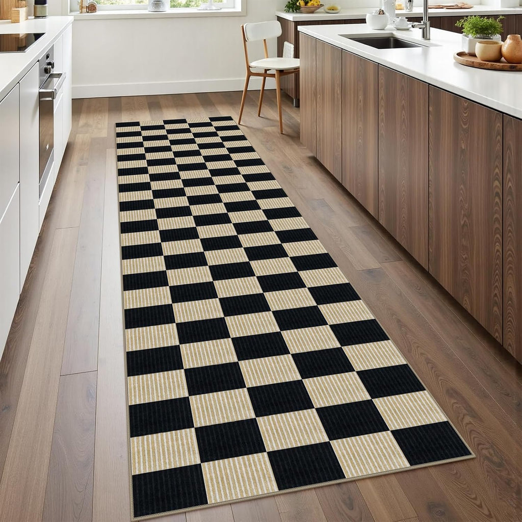 Black and Beige Checkered Runner Rug, 2.6x8 Washable Rug Runners s Non-Slip, Ultra Soft Low Pile Modern Kitchen