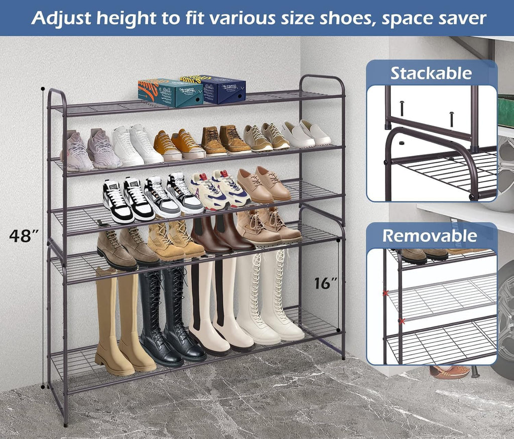 Long 3 Tier Shoe Rack for Closet Wide Shoe Storage Organizer Stackable Metal Shoe Shelf for 24 Pairs Men Sneakers