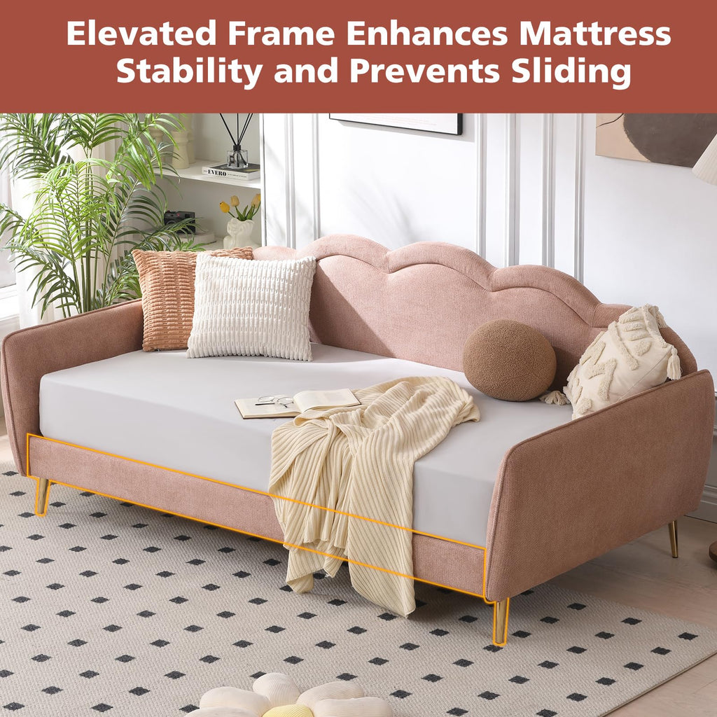 Twin Size Upholstered Daybed with Cloud-Shaped Backrest, Modern Linen Sofa Bed with Metal Legs, Wood Slat Support
