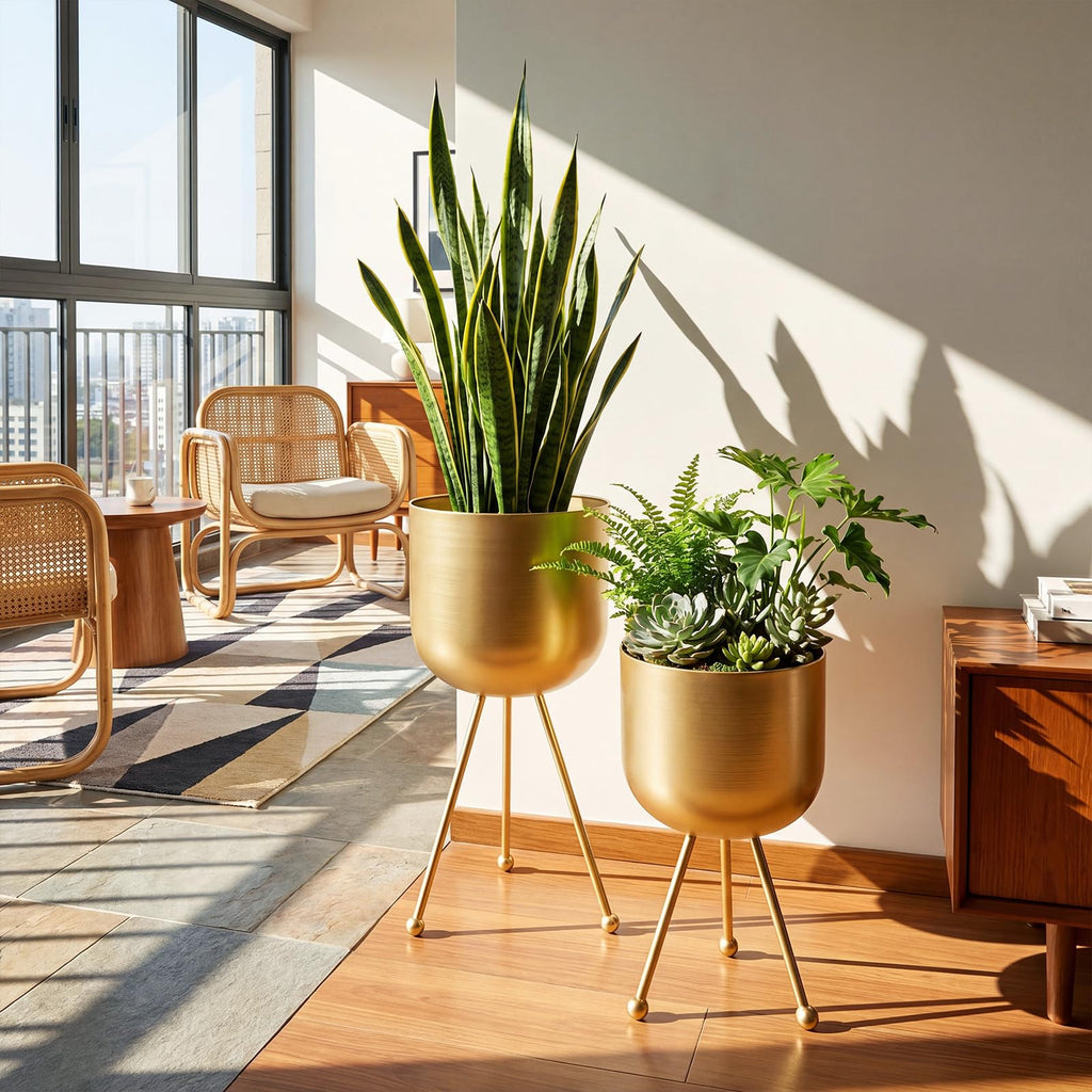 2 Pack Mid Century Modern Metal Planter with Stand, Gold