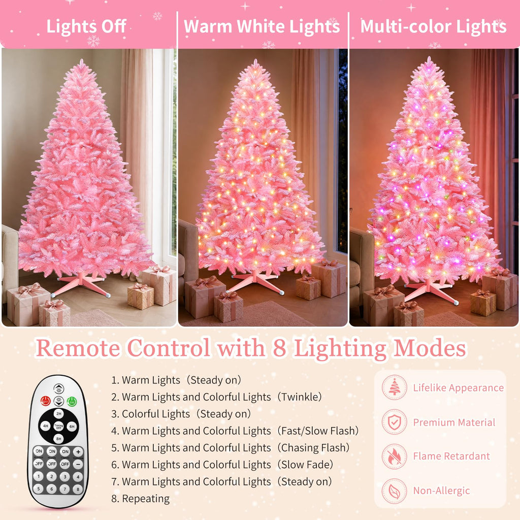 7FT Pink Rotating Pre-Lit Christmas Tree with Remote Control