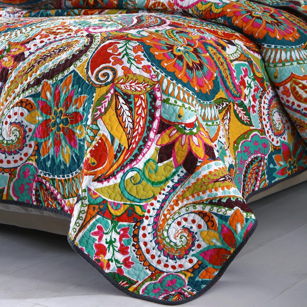 King Quilt Bedding Set, 100% Cotton Boho Bedspread, Vibrant Colorful Gorgeous Paisley Print Coverlet for Living