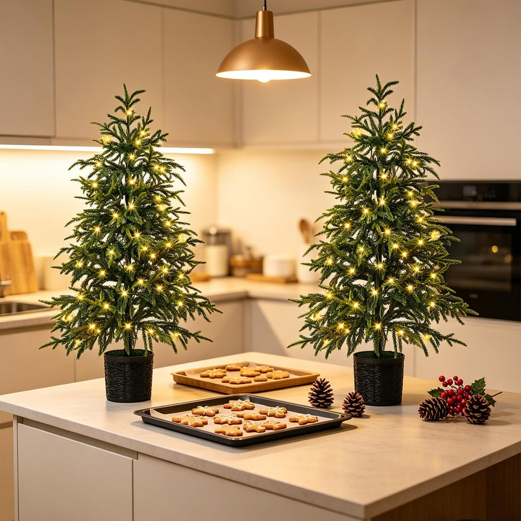 3FT Pre-Lit Artificial Christmas Tree 2 Pack, Norfolk Potted Tree