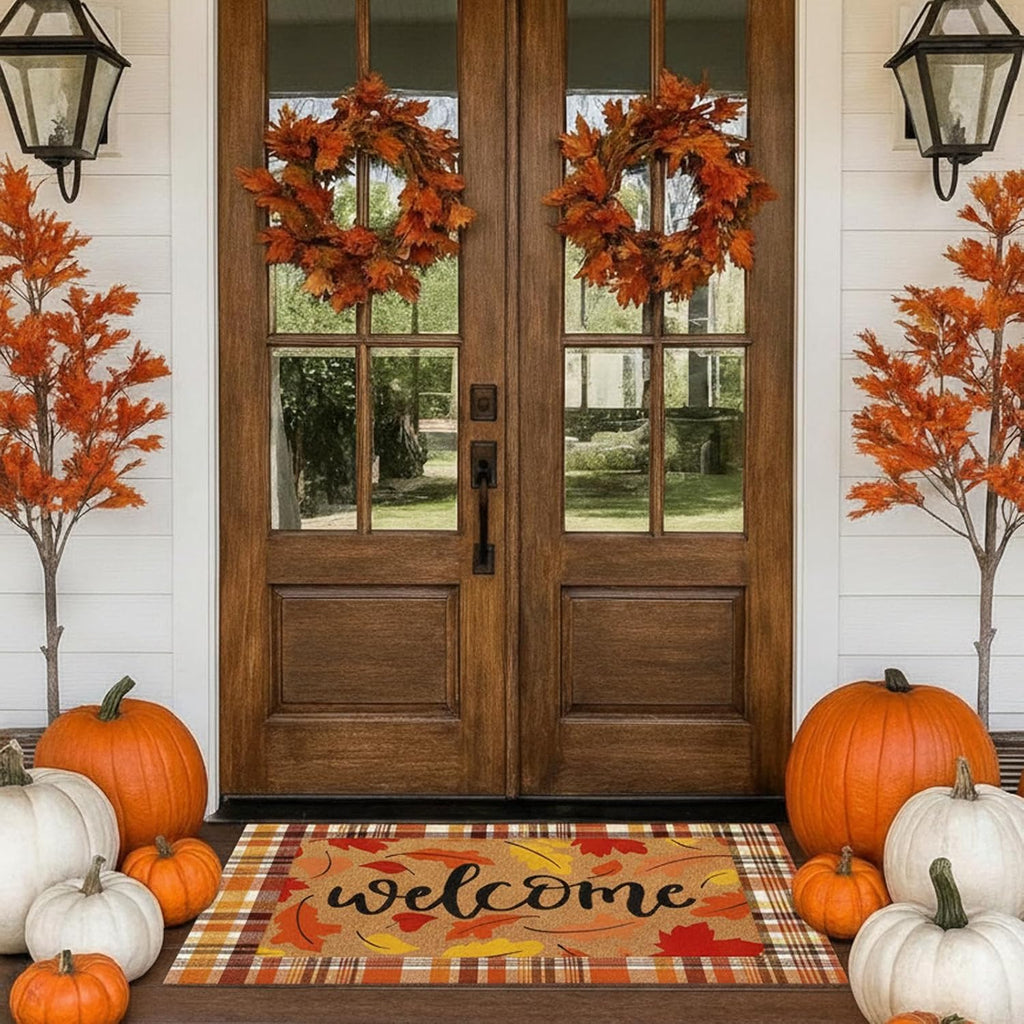 2 Pcs Fall Leaves Layered Doormats Fall Coir Welcome Mat | Non-slip Autumn Door Mat, Brown and White Plaid Rug