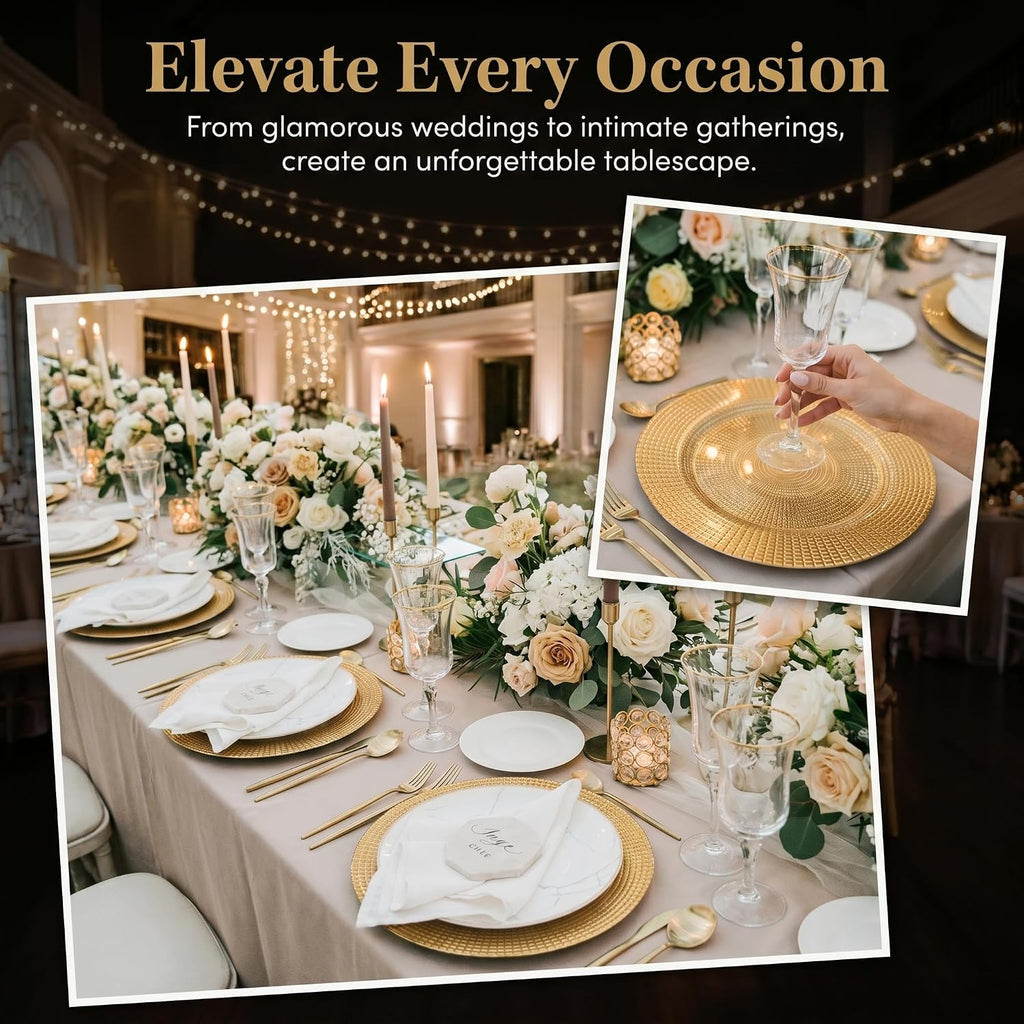 Gold Charger Plates for Dinner Plates, 13" Round Plastic Chain Shaped Charger Service Plates, Decorative - Set of 12