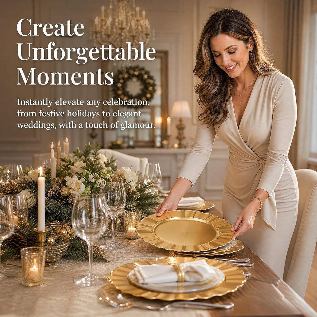 Gold Charger Plates, 13" Decorative Round Dinner Plate Chargers, Reusable Plastic Dinner Chargers with Fluted - Set of 12