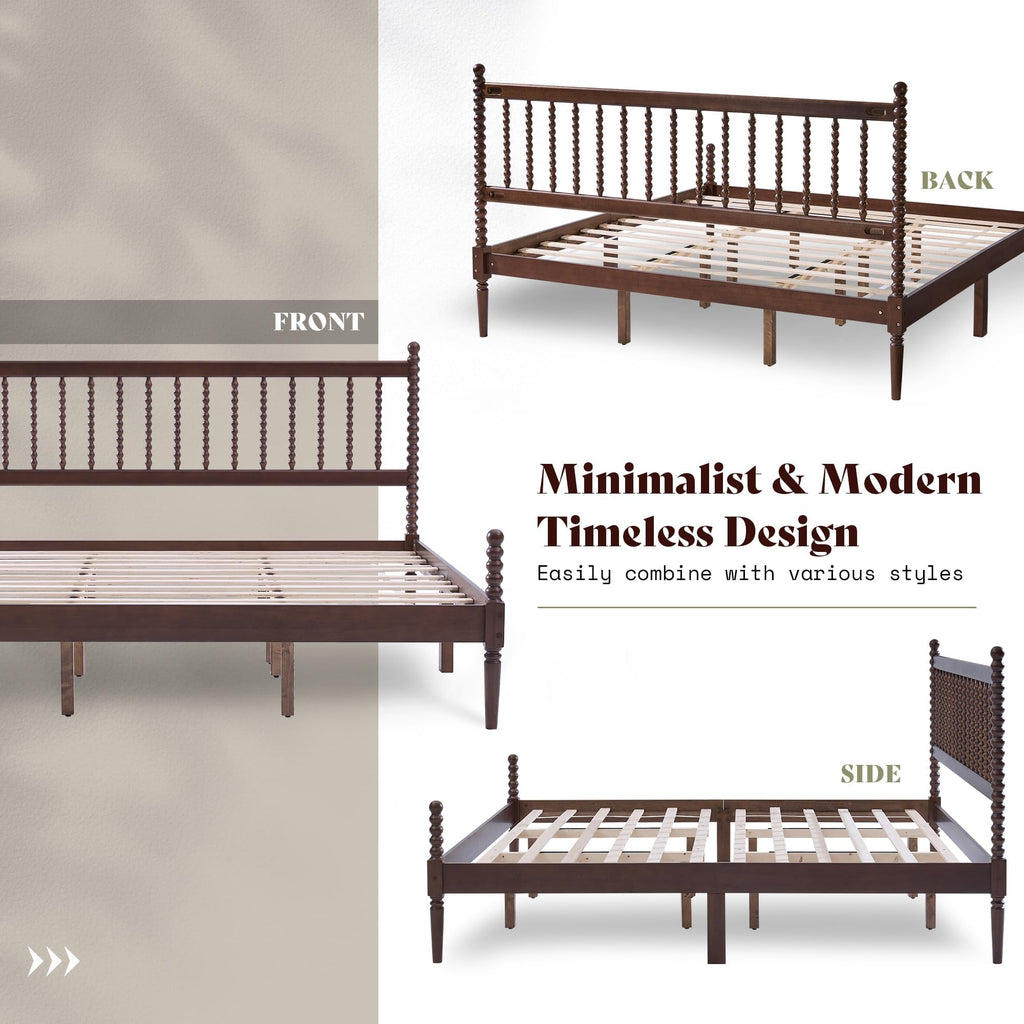 Solid Wood Bed Frame, Spindle Headboard, Dark Walnut