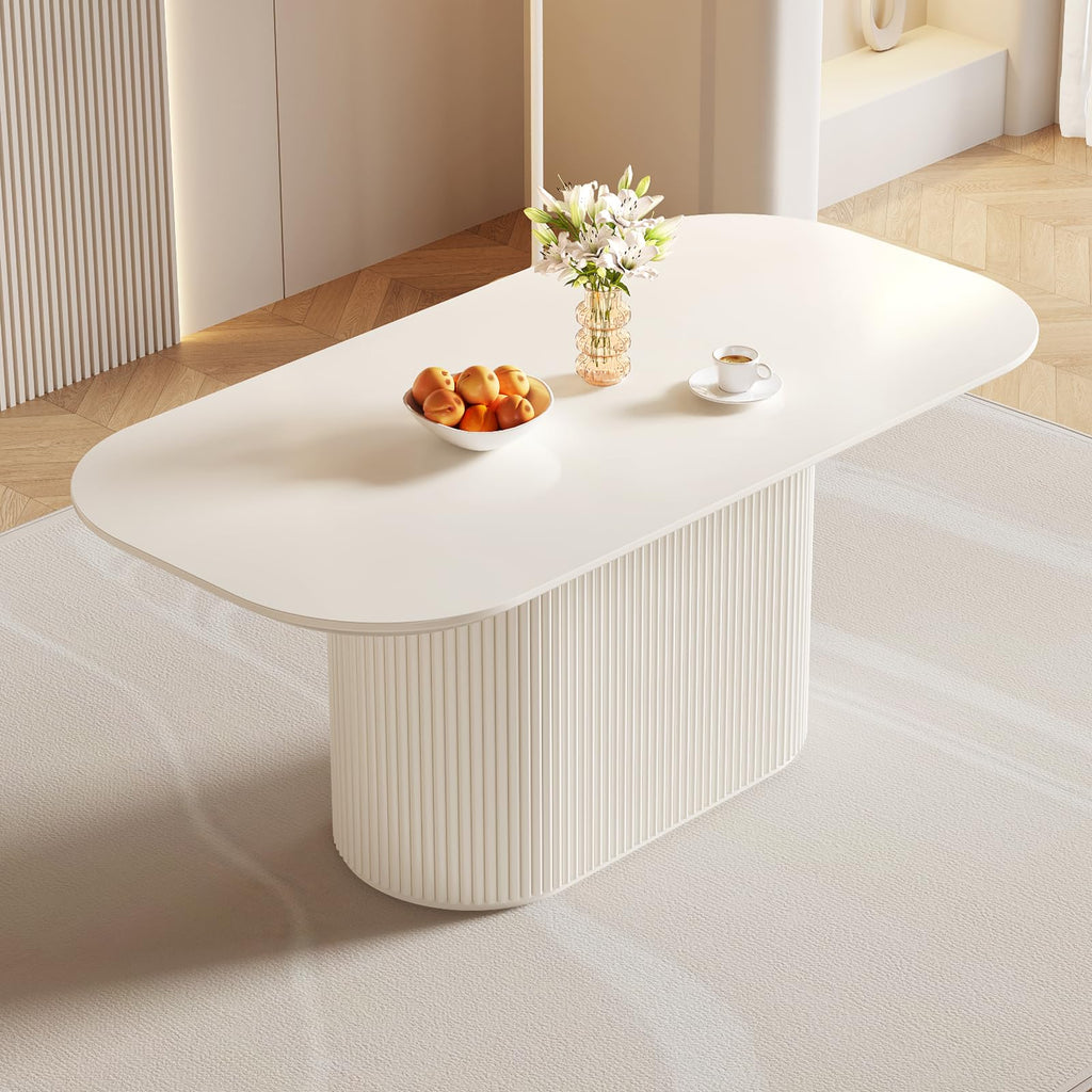 70" White Dining Table Set with 6 Chairs, Oval Kitchen Set