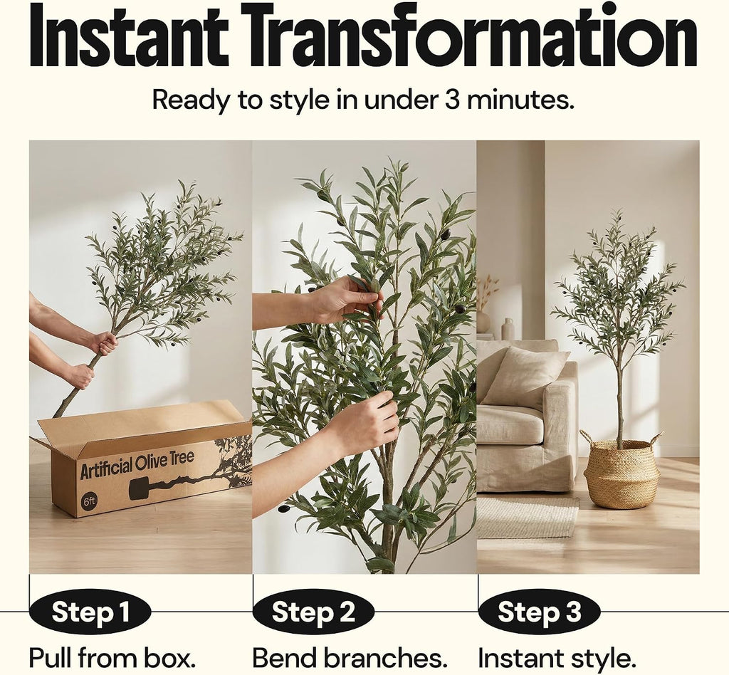 Artificial Olive Tree 6ft Indoor - Faux Olive Tree with Real Wood Trunk & Adjustable Branches, Tall Fake Plant &