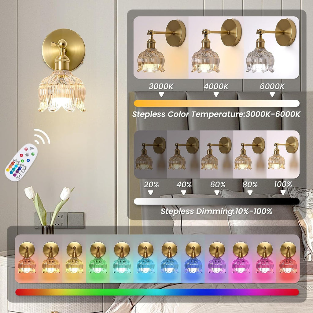 Vintage Battery Operated Wall Sconces - 5000mAh Rechargeable Dimmable Lights with Remote Control - Set of 2 Cognac