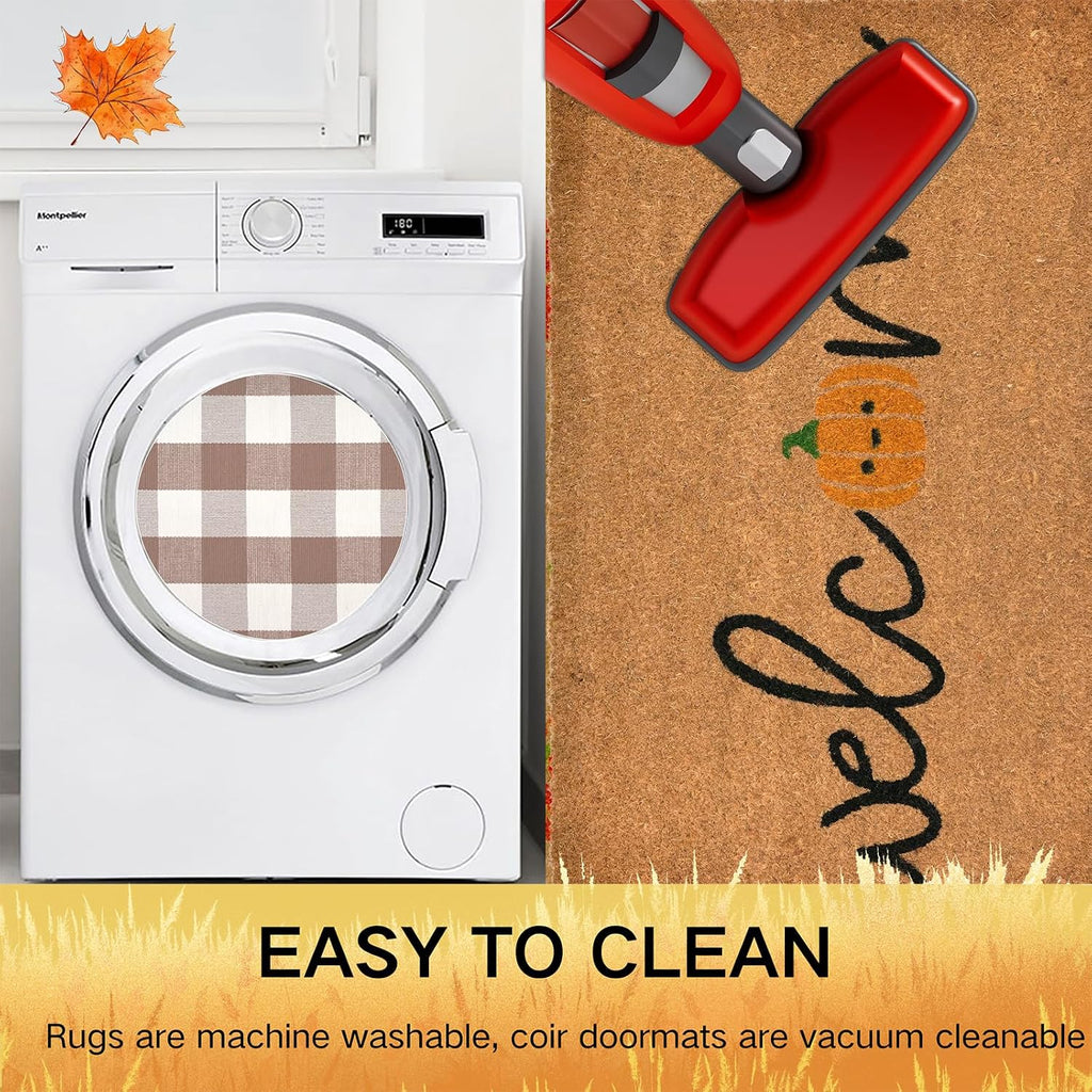 Fall Door Mat Combo Set, Welcome Coco Coir Welcome Doormat + 28" x 43" Mocha and White Plaid Rug, Autumn Thanksgiving