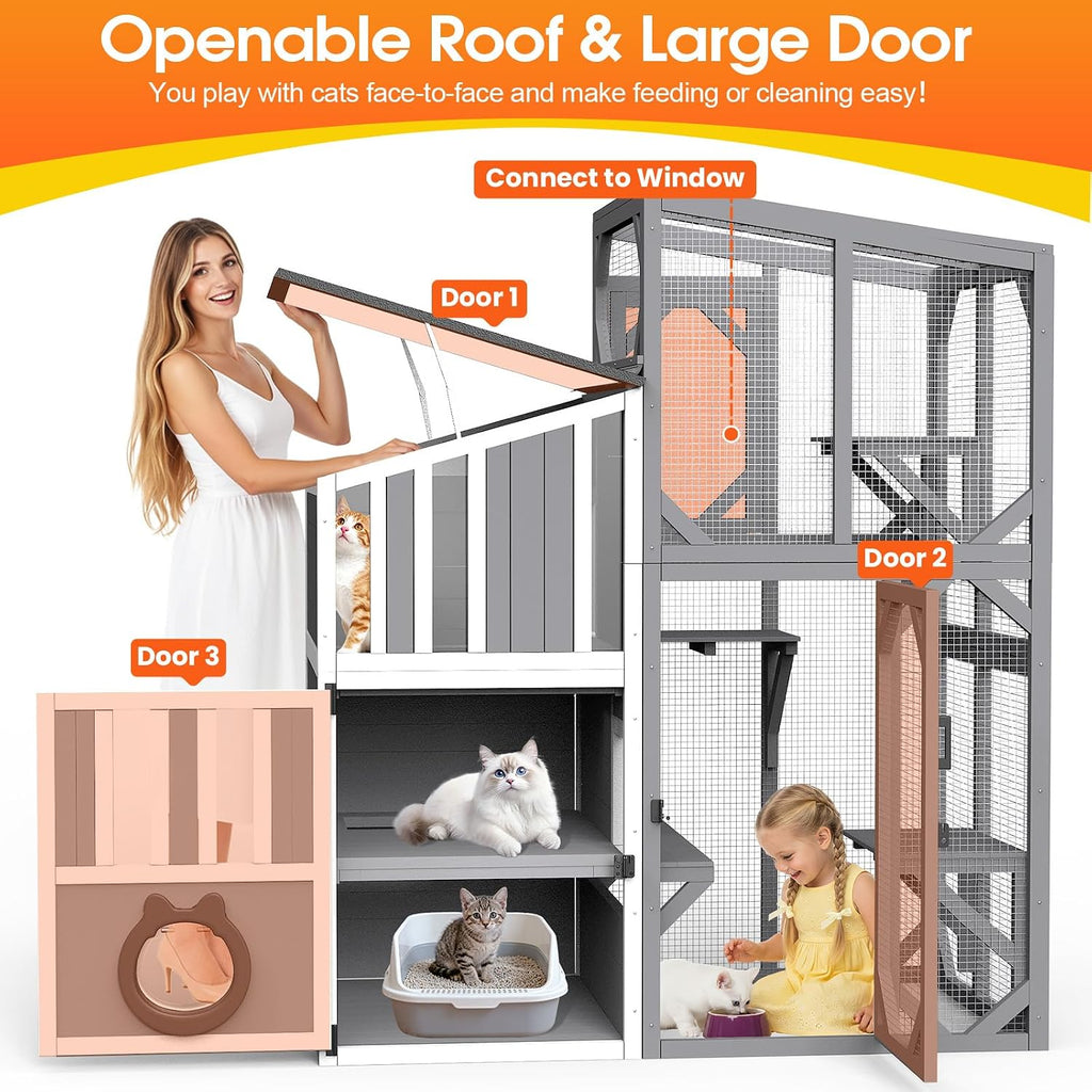 69"H Catio 3 Tiers Large Cat Enclosures House for Outdoor Indoor Use, Feral Cats Shelter with Window Access