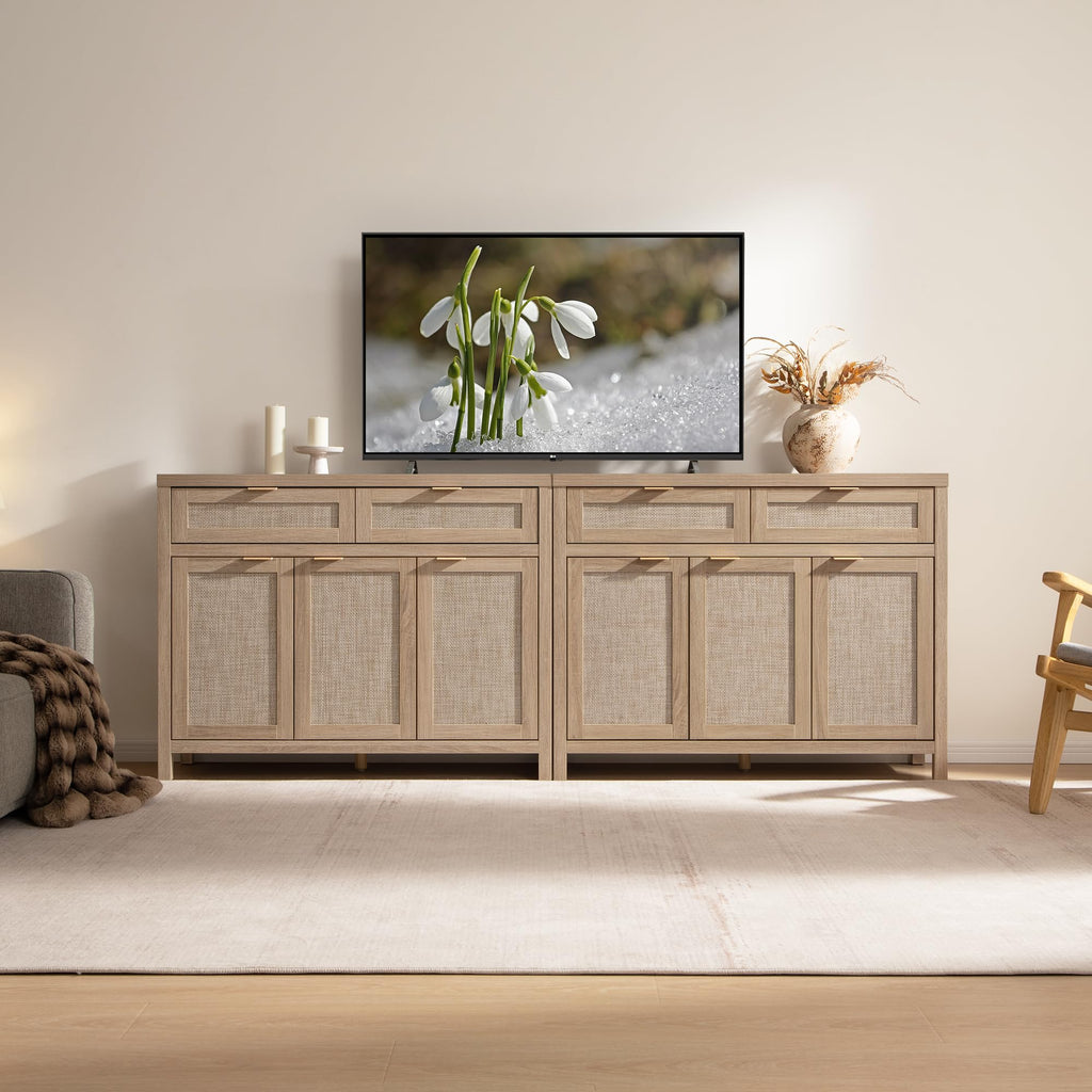Rattan Sideboard Buffet Cabinet with Storage, Boho Credenza Accent