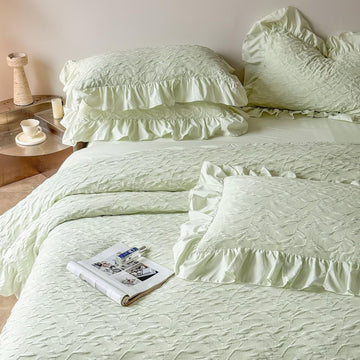 Textured Leaf Jacquard Duvet Cover Twin Green Ruffle Duvet Cover Set