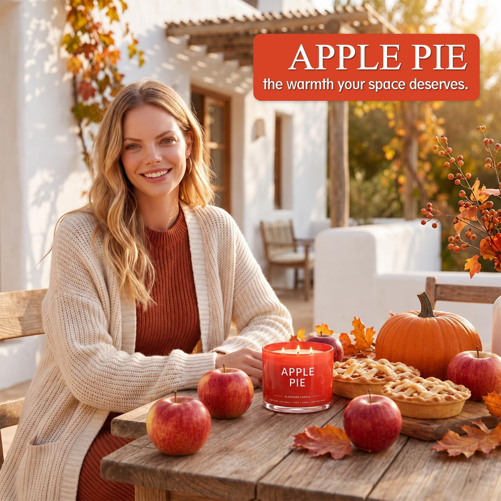 Apple Pie Scented Candle, 12 Oz 3-Wick Soy Wax Fall Home Decor