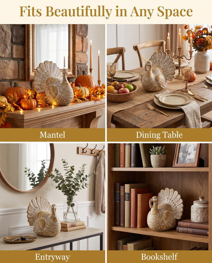 Resin Turkey Figurine, Hand-Painted Thanksgiving Tabletop Decor, Fall Harvest Turkey Statue for Mantel, Shelf, Dining