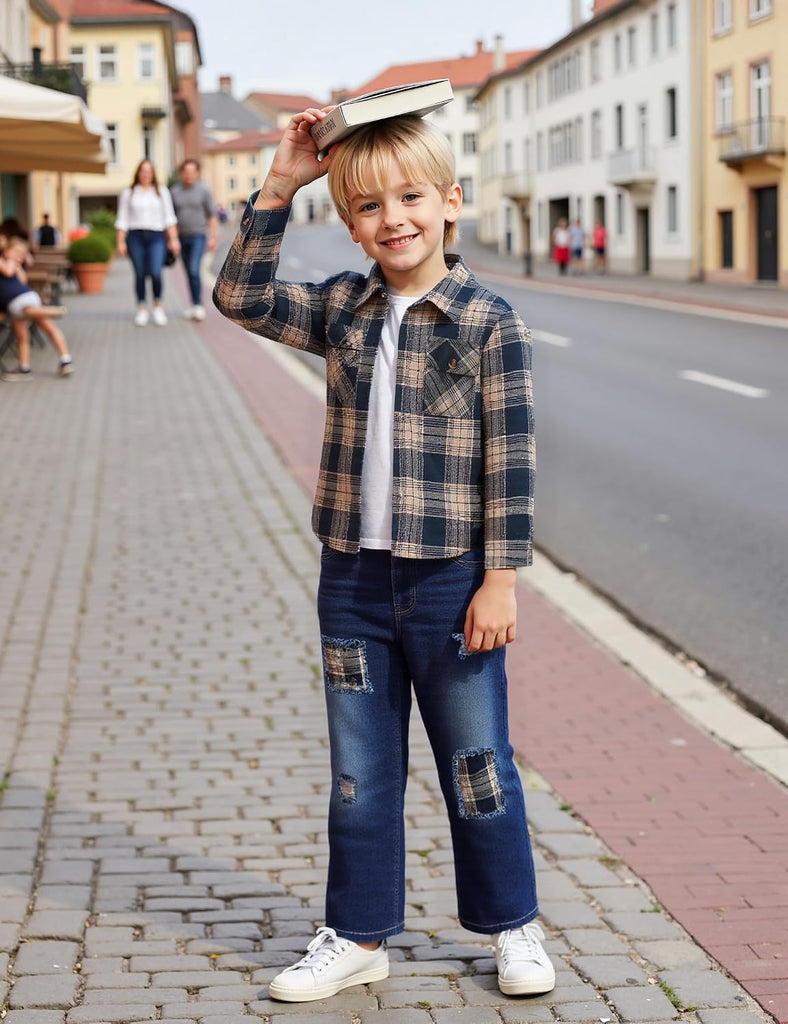 Toddler Boy Clothes Plaid Shirt Jacket White T-shirt and Jeans Pants 3PCS Boys Fall Winter Outfits
