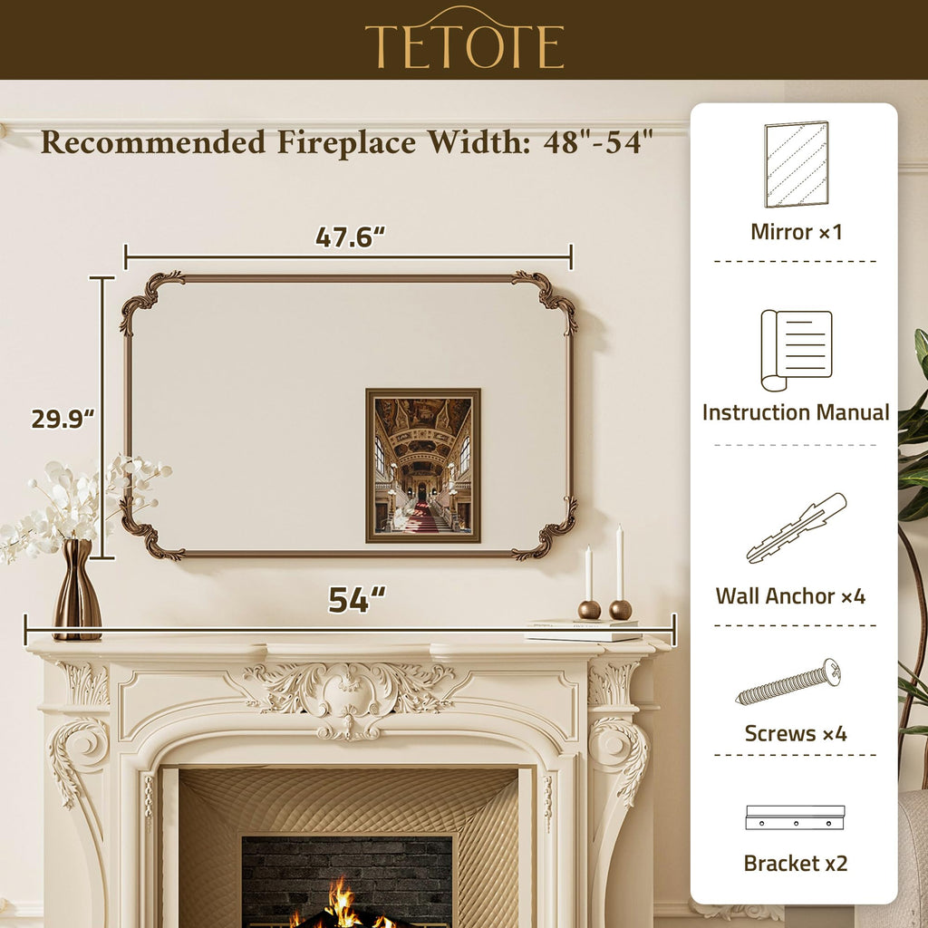 Baroque Antique Bronze Scalloped Wall Mirror 48 x 30 Vintage Rectangle Framed Baroque French Rectangular Mirror for