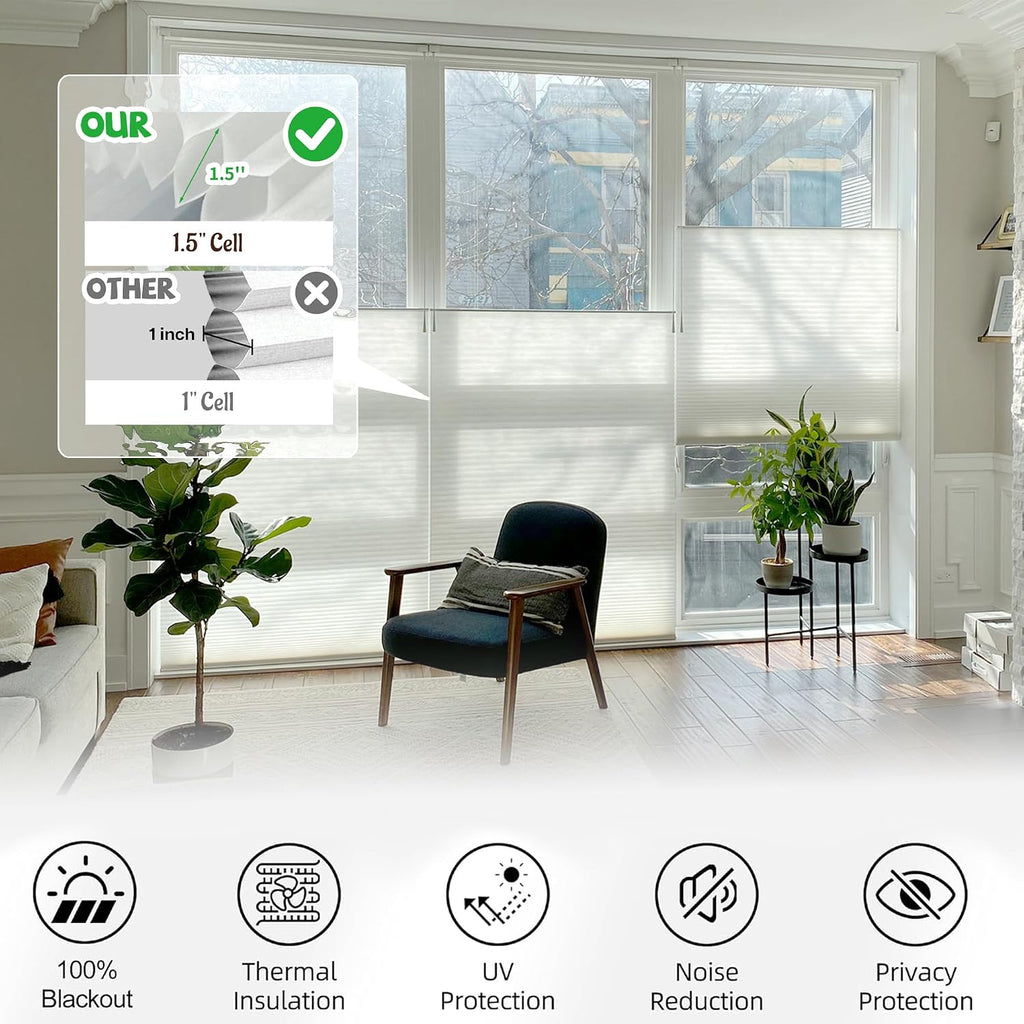 Dual Tension Rod Blinds No Drill Top Down Bottom Up Cellular Shades | 1.5"Cell | Minimal Light Leak | Insulation