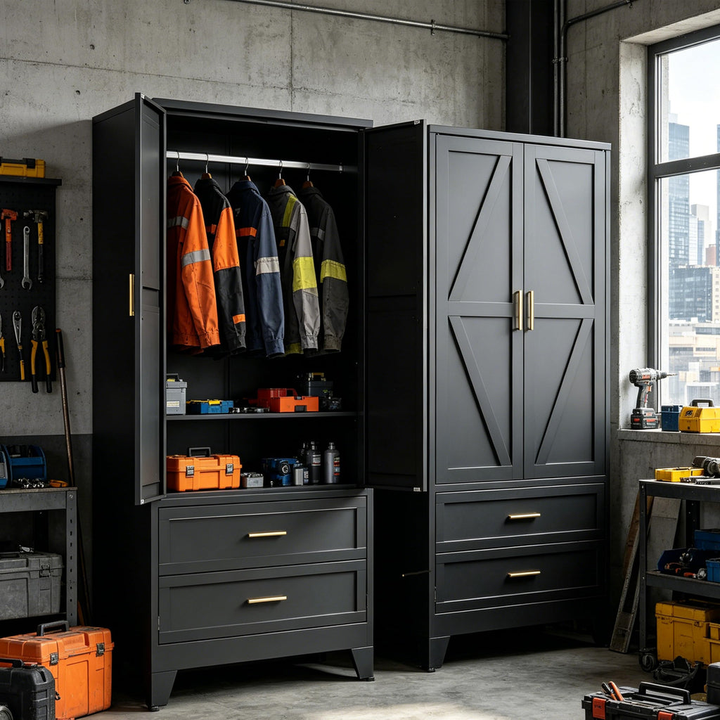 71" H Black Armoire Wardrobe Closet with Drawers, Metal Wardrobe Closet with Doors and Shelves, Tall Wardrobe Closet