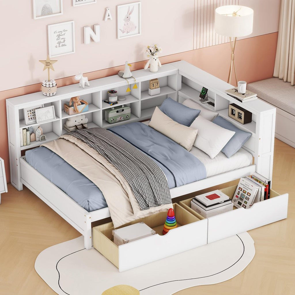 Wooden Full Size DayBed with Twin Size Trundle, DayBed with Storage Shelf and USB Charging Ports, White