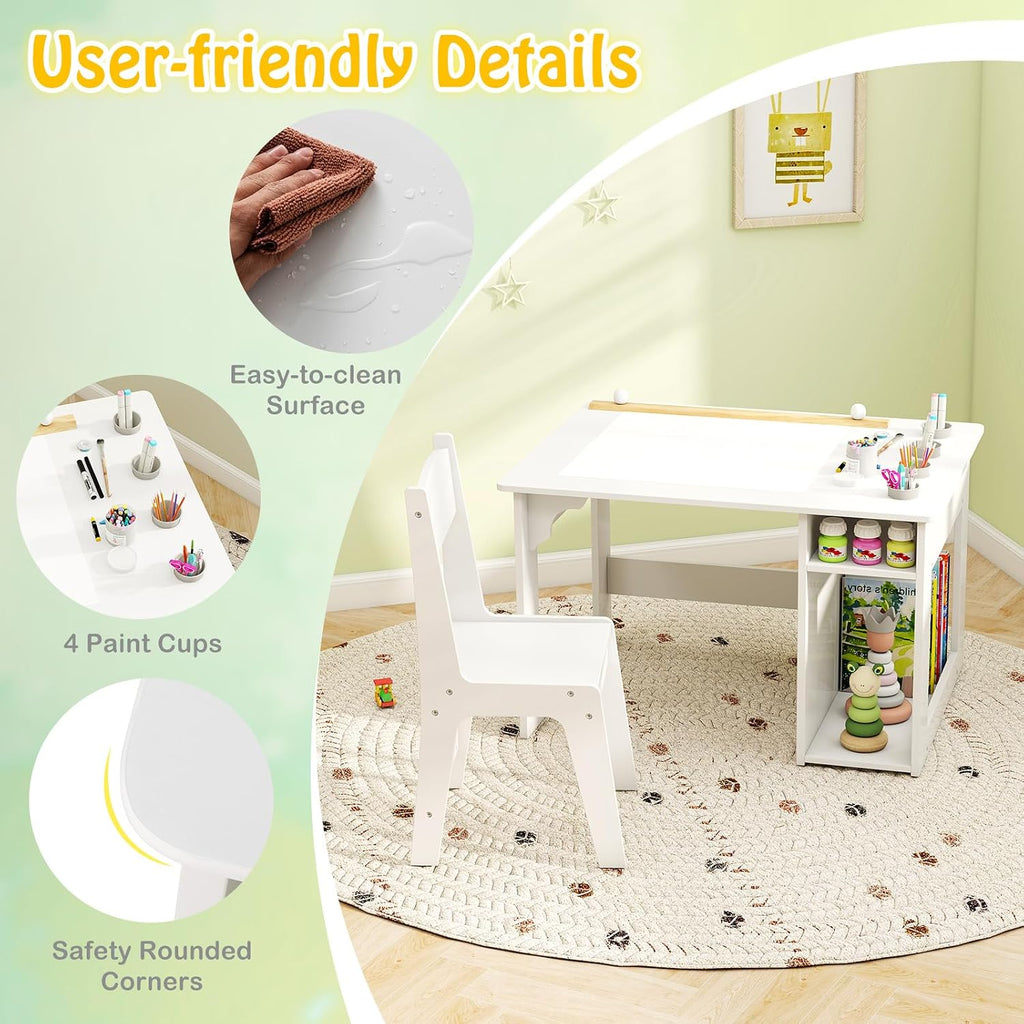 White Kids Table and Chair Set, Wooden Arts and Crafts Activity Table w/Paper Roller, 4 Paint Cups & Storage Shelves