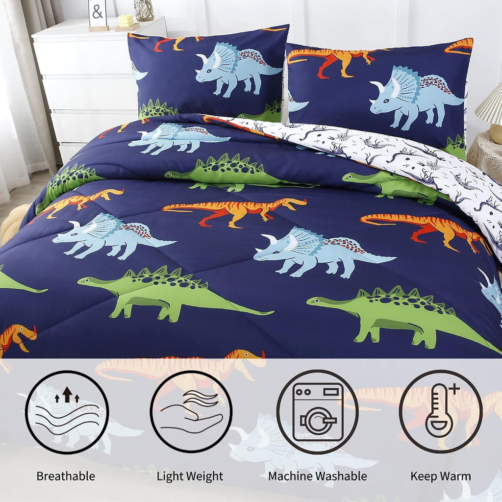 Cartoon Dinosaur Comforter Set, Dark Blue Dinosaur Kids Bedding Set for Boys, Dinosaurs Print Comforter Sets for