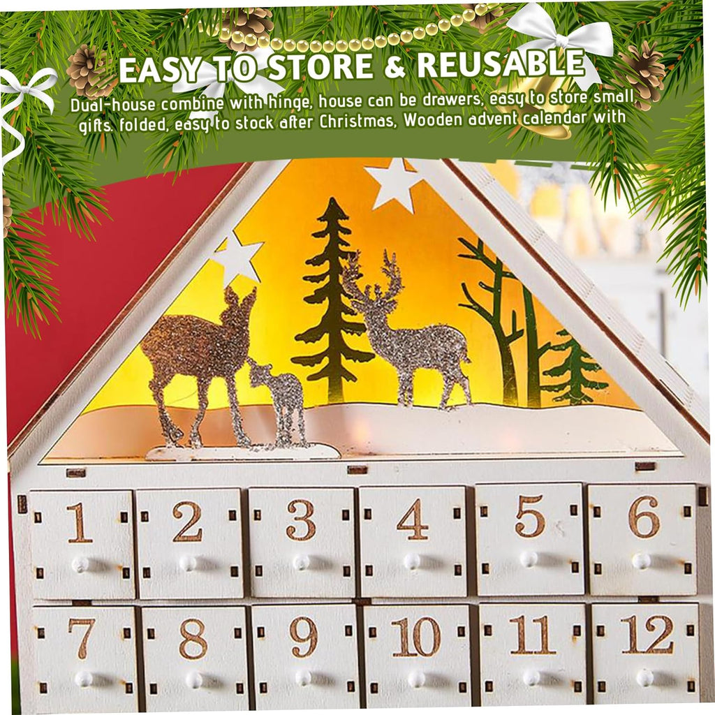 Wooden Advent Calendar with Drawers and LED Lights 24 Days Countdown Empty Advent Calendars to Fill for Christmas