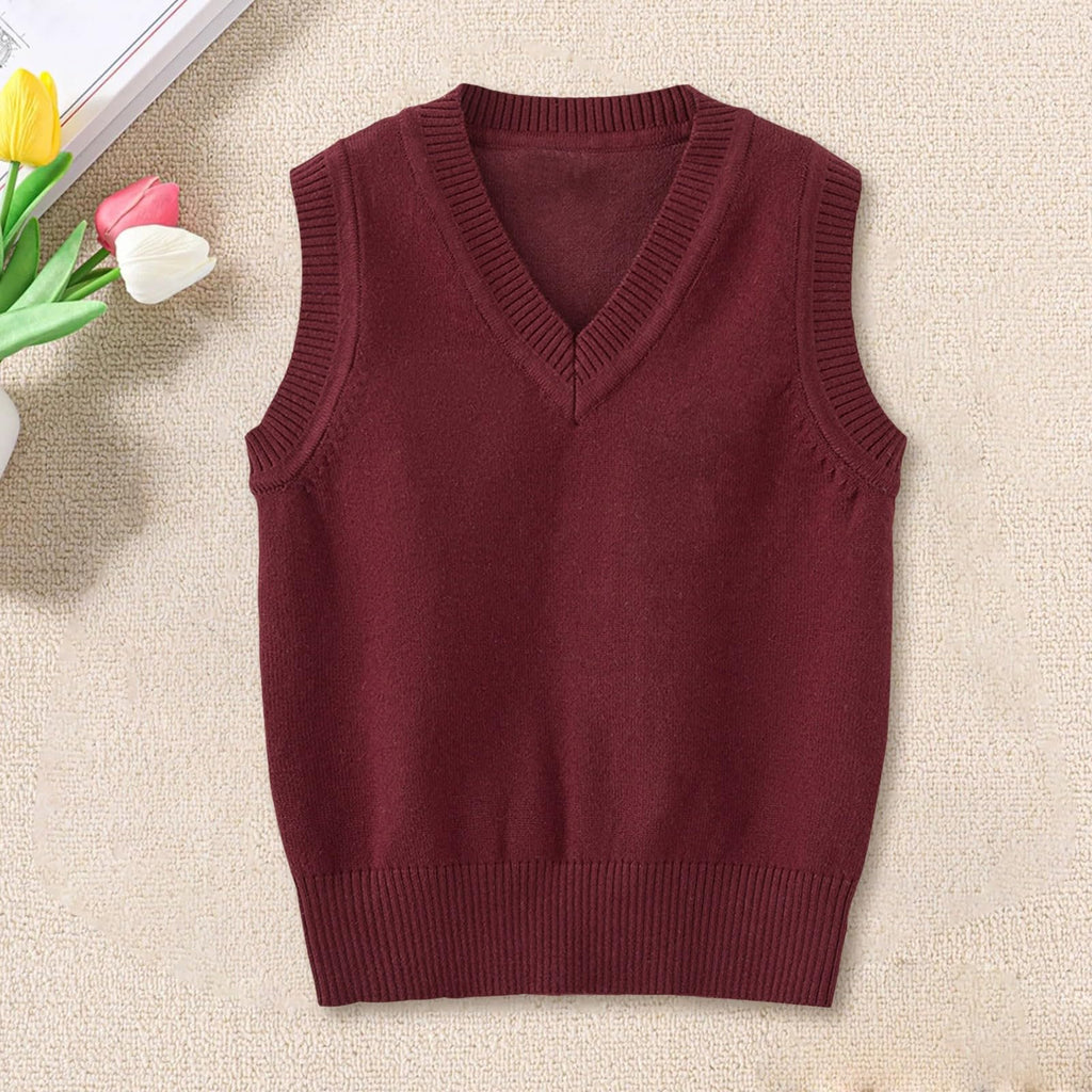 Boys Vest Cotton V Neck Sweater Vest Kids Uniform Sleeveless Sweaters Fall Clothes for Children Wine