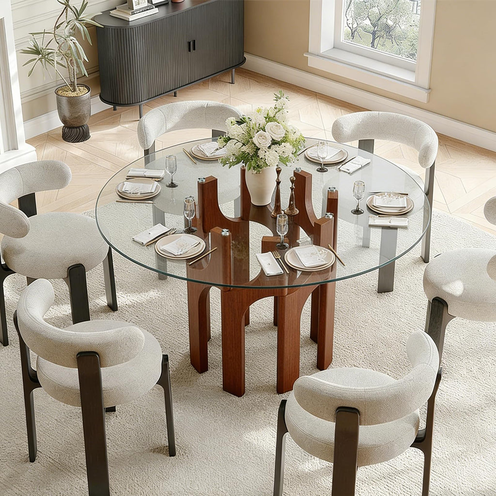 Round Glass Dining Table for 4-6, Modern 46-Inch Kitchen Table with Sturdy Pedestal Base & Clear Tempered Glass Top
