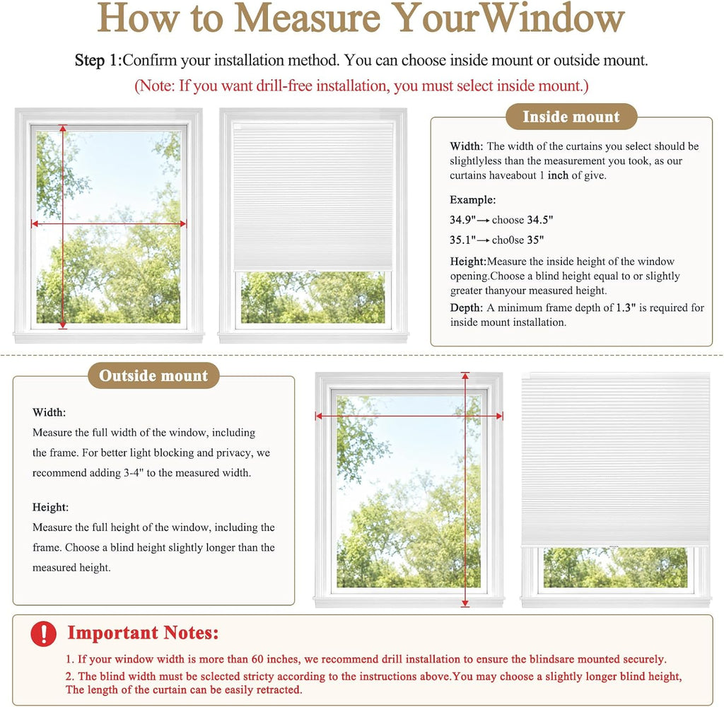 No Drill Cellular Shades Light Filtering Honeycomb Blinds White | Thermal Insulated & Noise Reducing Blinds for