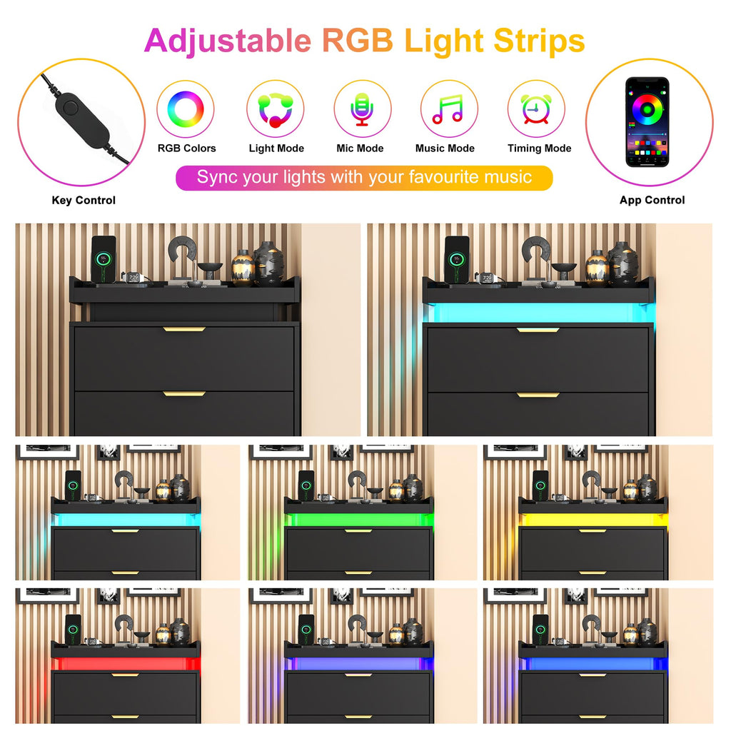 Black Dresser with LED Lights, Wooden LED Dresser, 4 Drawer Chest with Charging Station, Tall Chest of Drawer Closet