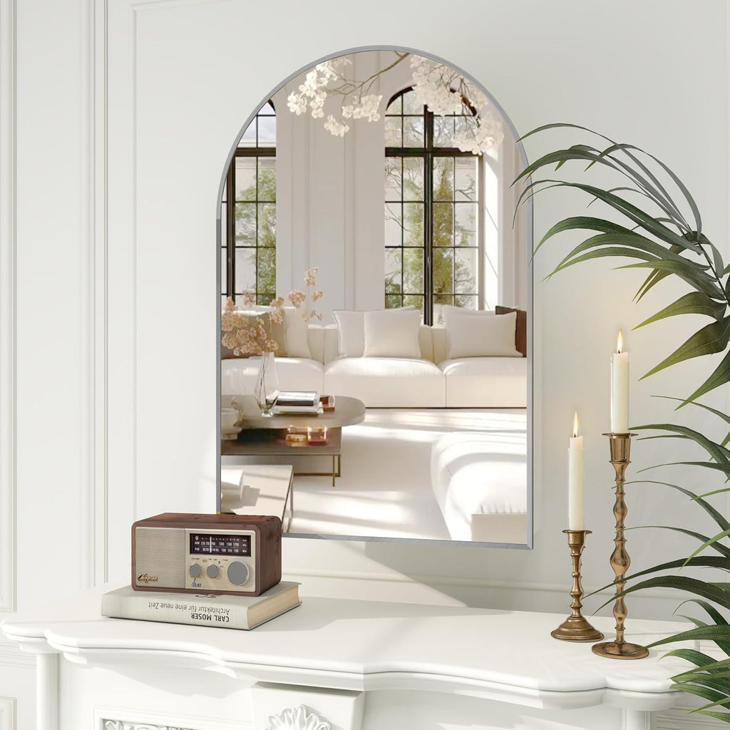 24x36 Inch Arch Bathroom Mirror Medicine,Cabinet,Brushed Silver Wall Mounted Bathroom Mirror with Storage,Adjustable