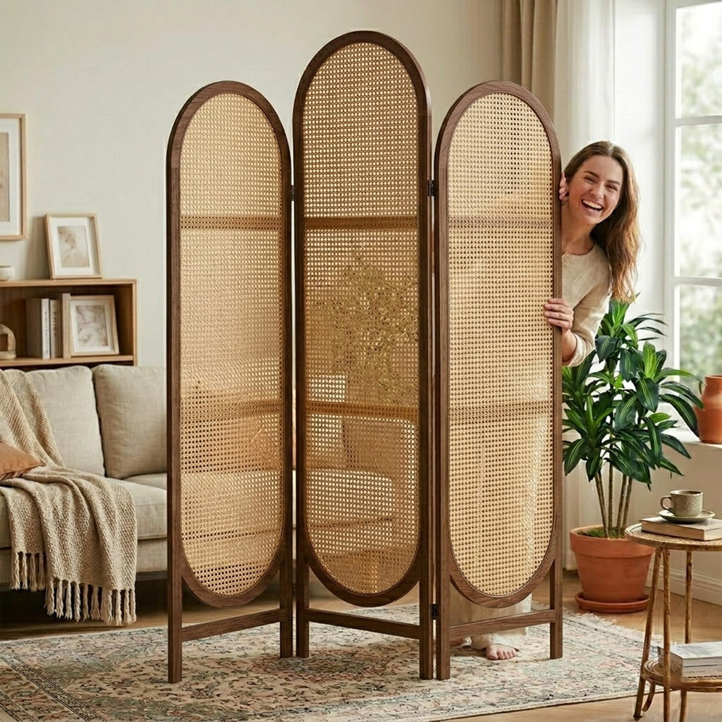 3 Panel Rattan Room Divider Screen, Boho Folding Privacy Screen