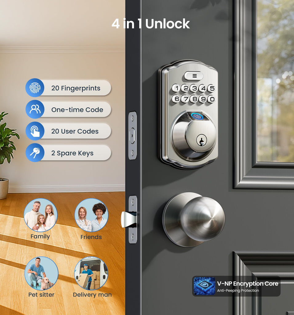 KS02C Fingerprint Deadbolt Door Lock with Knob Set, Satin Nickel