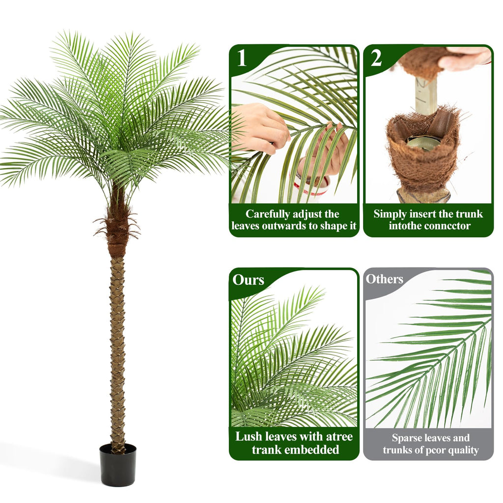7ft Artificial Phoenix Palm Tree, Tall Faux Palm Plant with 15 Adjustable Leaves, Perfect for Outside Patio