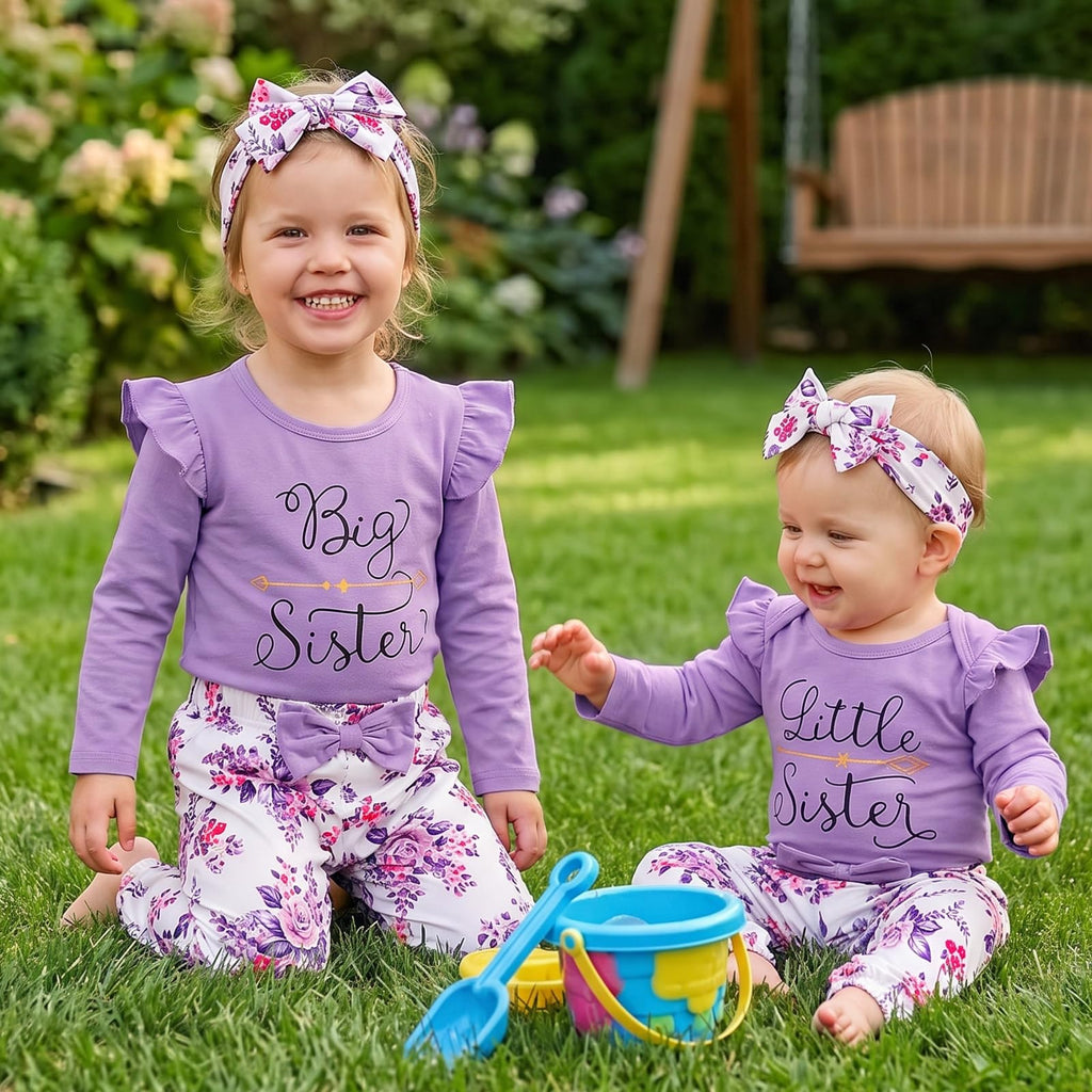 Big Sister Little Sister Matching Outfits Toddler Girl Clothes Newborn Baby Ruffle Romper Floral Pants Headband 3Pcs