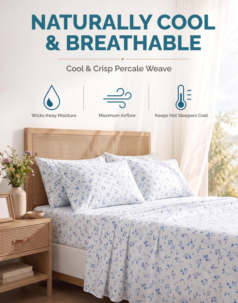 100% Cotton Sheets California King Size Set - 6 Pieces (1 Flat, 1 Fitted, 4 Pillowcases) - Soft, Breathable & Cooling