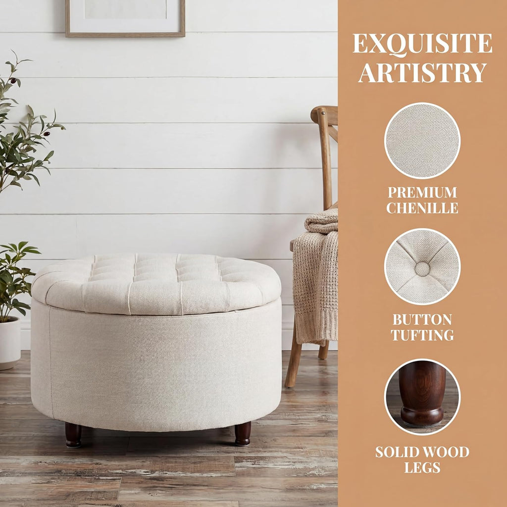 28" Round Storage Ottoman, Tufted Coffee Table ,Beige | Chenille Upholstered Footrest with Removable-Top & Wood Leg