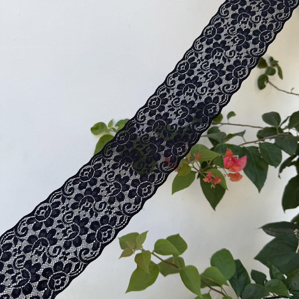 4 inch x 5 Yards Stretch Lace Ribbon, Black Floral lace Trim for Crafting or Everyday Purposes, Wide Sturdy lace for