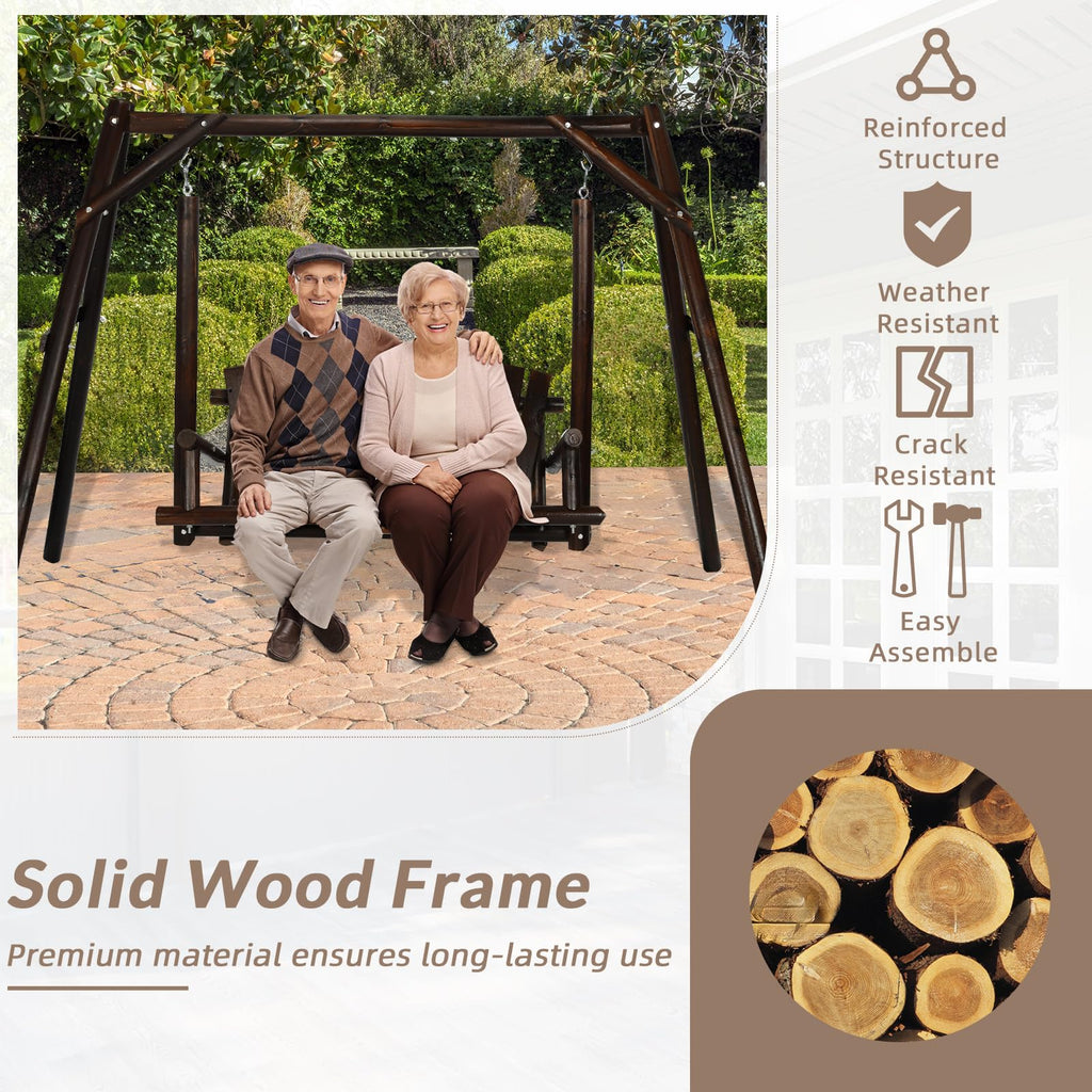 2-Seat Porch Swing, Wooden Log Patio Swings Chair Bench with Stand, Rustic Hardwood Swing Chair with Curved Back